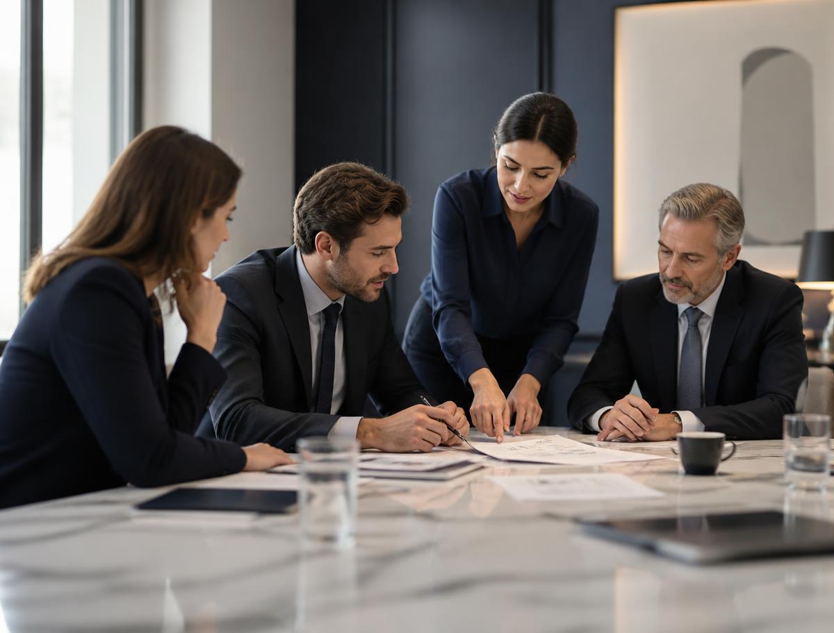 Advisory team reviewing compliance documentation in a boardroom