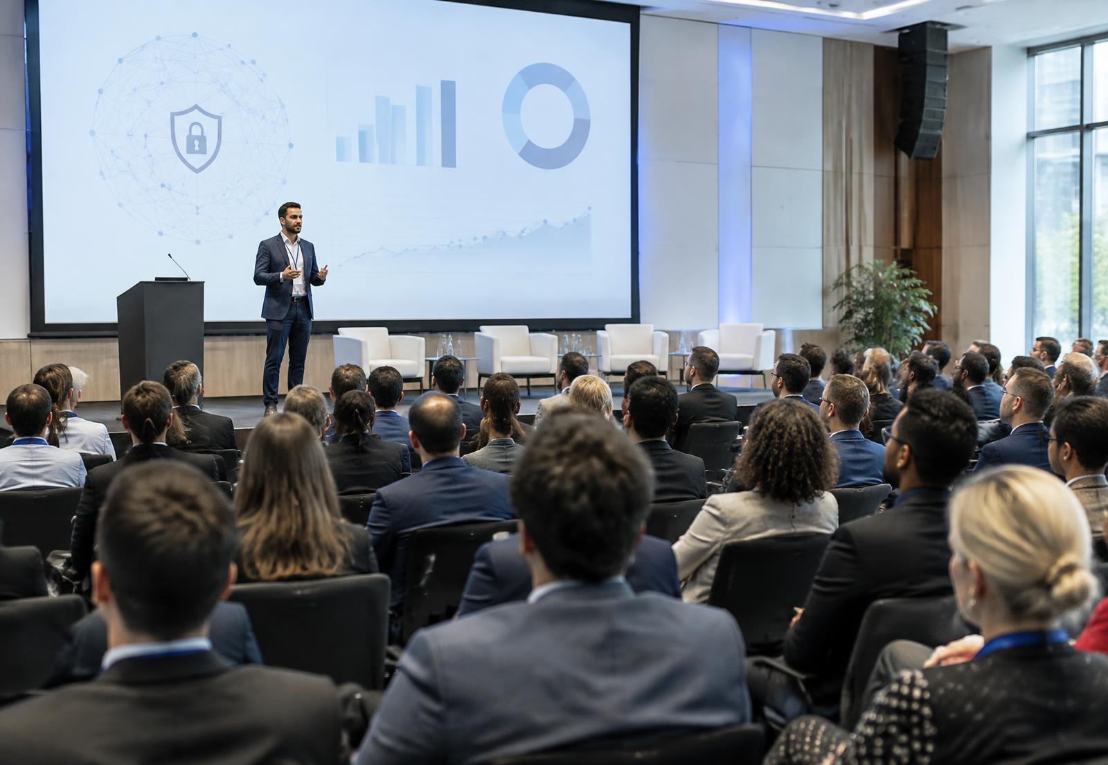 Speaker presenting to a seated audience at a professional technology and compliance conference